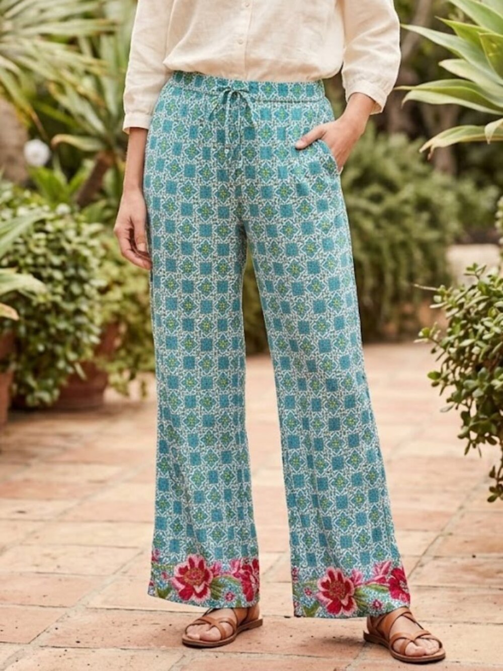 World Market Elastic Waist Pull On Drawstring Waist Embroidered Boho Print Pants